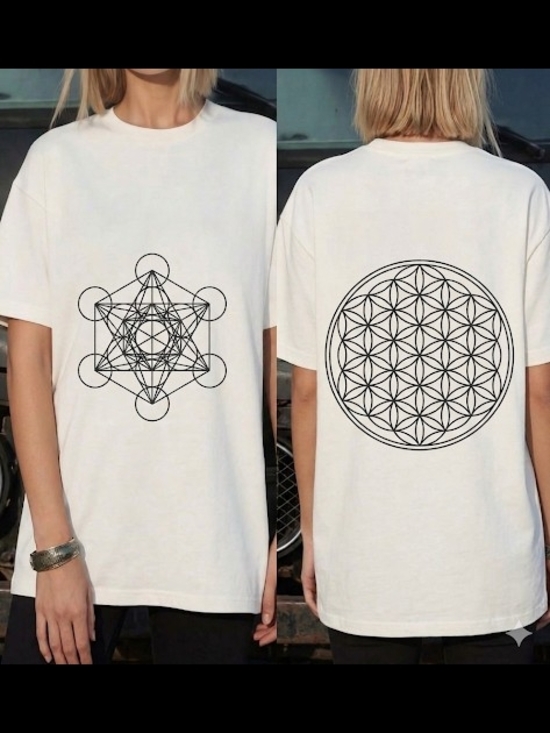 Quantom Boutique Tops - White Graphic Tee with Black Sacred Geometry Prints